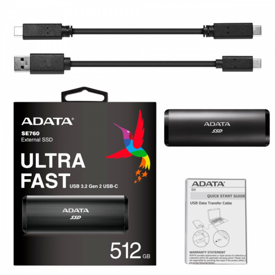 ADATA Dysk zewnętrzny SSD SE760 512GB USB3.2-A/C Czarny  - ASE760-512GU32G2-CBK