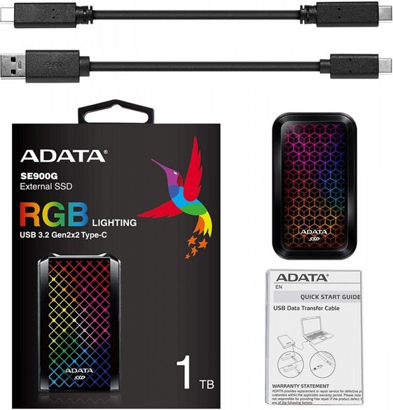 ADATA Dysk SSD External SE900 1TB USB3.2-A/C RGB - ASE900G-1TU32G2-CBK