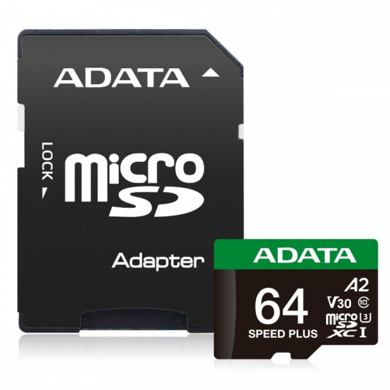 ADATA Karta microSD Speed Plus 64GB UHS1 U3 V30 A2 160/140 MB/s - UD64GUI3V30A2SP-RA1