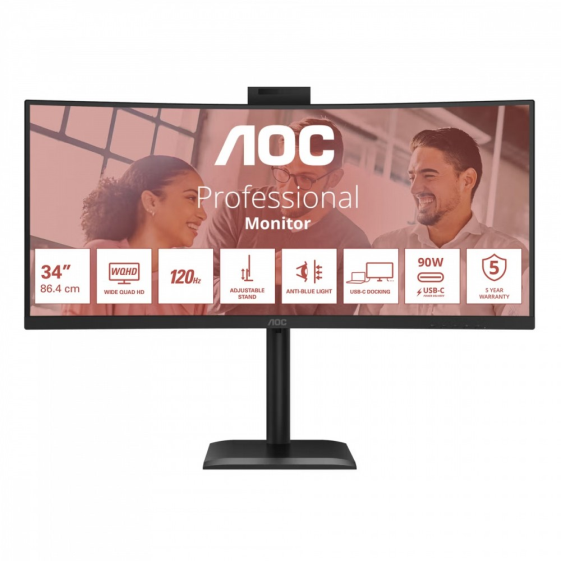 AOC Monitor 34 cale CU34E4CW Curved VA 120Hz HDMIx2 DP RJ45 USB-C HAS Kamera - CU34E4CW