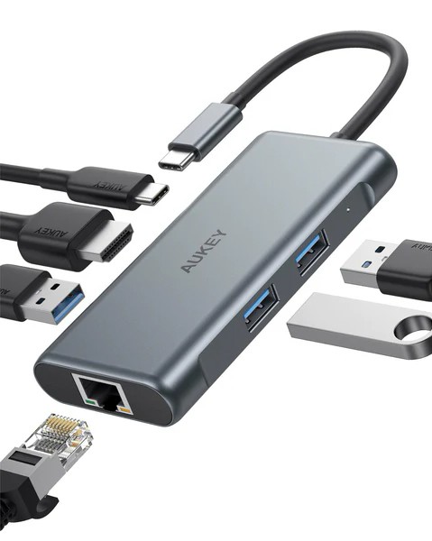 AUKEY Hub USB-C CB-C75 aluminiowy  | 6w1 | RJ45 Ethernet 10/100/1000Mbps | 3xUSB 3.1 | HDMI 4k@30Hz | USB-C Power Delivery 100W - CB-C75