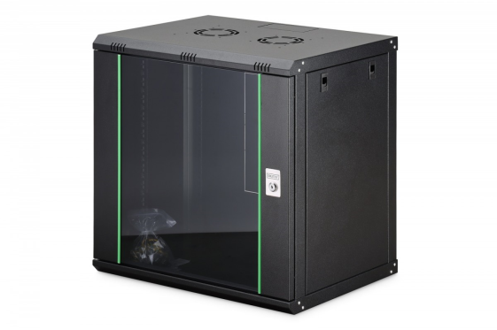 DIGITUS Szafa sieciowa wisząca Dynamic 19" 12U rack 607x600x450mm, drzwi szyba, czarna, niezłożona, 60kg - DN-37109