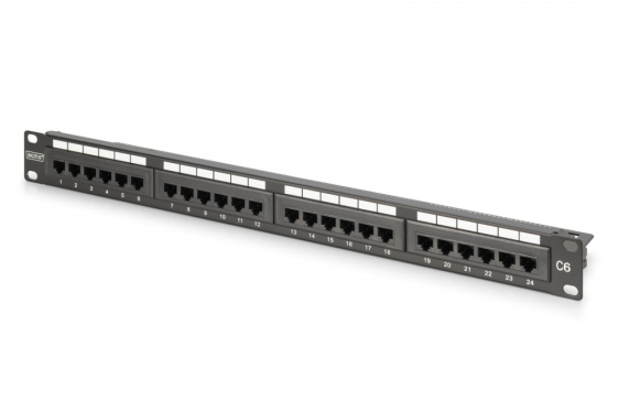 DIGITUS Panel krosowy (patch panel) 19'' 24x RJ45, LSA pion, kat.6, nieekranowany, 1U, prowadnica kabli, pola opisowe, Czarny - DN-91624U-CR