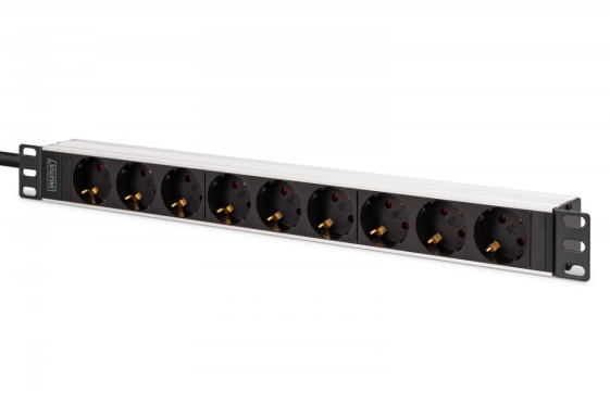 DIGITUS Listwa zasilająca PDU Rack 19", 9 gniazd Schuko CEE 7/3 (45°), kabel 2m wtyk IEC C20, 16A, aluminiowa - DN-95440