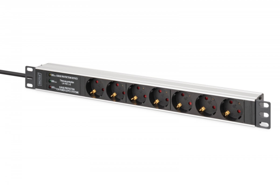 DIGITUS Listwa zasilająca PDU Rack 19" z zabezpieczeniem przeciwprzepięciowym + filtr EMI/RFI, 7 gniazd Schuko CEE 7/3, kabel 2m, wtyk Unischuko CEE 7/7, 16A, - DN-95441