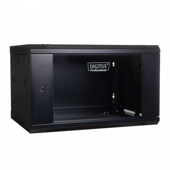 DIGITUS Szafa wisząca jednosekcyjna 19" 6U 368/600/450mm, drzwi szklane, czarna (RAL 9004) - DN-WU19 06U/450/B