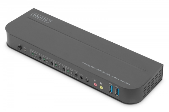 DIGITUS Przełącznik KVM, 4 portowy, 4K 60Hz, 4x DP IN, 1x DP OUT, 1x HDMI OUT, 2x USB A, 1x Audio IN&OUT  - DS-12890