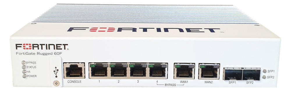 FORTINET FortiGateRugged-60F Ruggedized, 4 x GE RJ45 Switch ports, 2 x Shared Media pairs (Including 2 x GE RJ45 ports, 2 x SFP slots). 1x RJ45 by-pass can be set up between WAN1 and PORT4. DB9 Serial. - FGR-60F