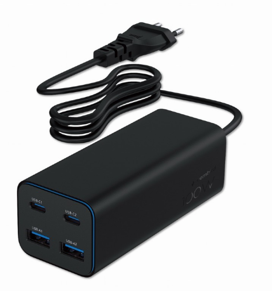 GEMBIRD Ładowarka uniwersalna 100W GaN 2xUSB-A 2xUSB-C szybkie ładowanie czarna  - TA-UC-2A2C-PD100-01-BK