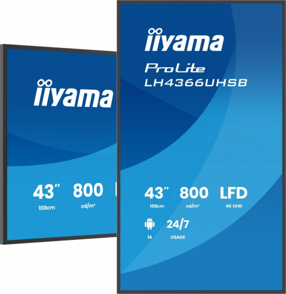 IIYAMA Monitor  profesjonalny 43 cale LH4366UHSB-B1AG 4K, VA, A14, 800cd, 4000:1, 6,5ms,2xHDMI, USB-C, RJ45, 2xUSB, 2x10W, WiFi, iiSignage2, RAM: 4GB, ROM: 3 - LH4366UHSB-B1AG