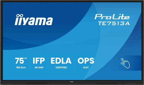IIYAMA Monitor interaktywny 75 cali TE7513A-B2AG INFRARED,40pkt,IPS,4K,7H,500cd/m2,      WiFi,USB, ANDROID 14, Google EDLA,2x20W, UCHWYT ŚCIENNY  - TE7513A-B2AG
