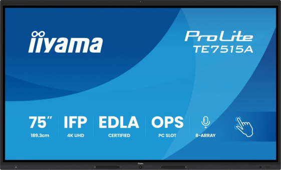IIYAMA Monitor interaktywny 75 cali TE7515A-B2AG, VA,4K,40pkt,550cd,DeepContrast-IR+,    HDMI x2,DP,USB-C, 2 x 20W, OPS Slot x1, 5xUSB, 2xRJ45,8-Array,EDLA,  - TE7515A-B2AG