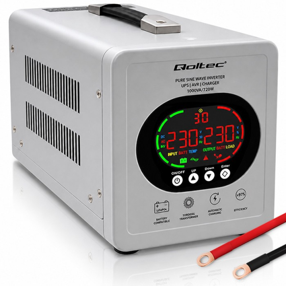 QOLTEC Zasilacz awaryjny UPS Pure Sine Wave | 1000VA/720W | Przetwornica12/230V z AVR | LCD | LiFePO4 AGM GEL  - 50451