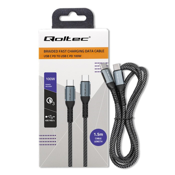 QOLTEC Kabel USB 2.0 typ C | USB 2.0 typ C 100W | QC 3.0| PD | 1.5m |   Czarny  - 52358