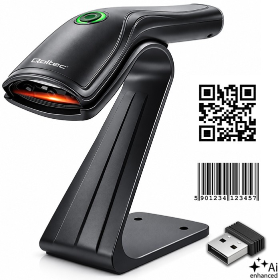 QOLTEC Bezprzewodowy czytnik kodów kreskowych 1D 2D + stojak na skaner |QR | EAN | USB  - 52752