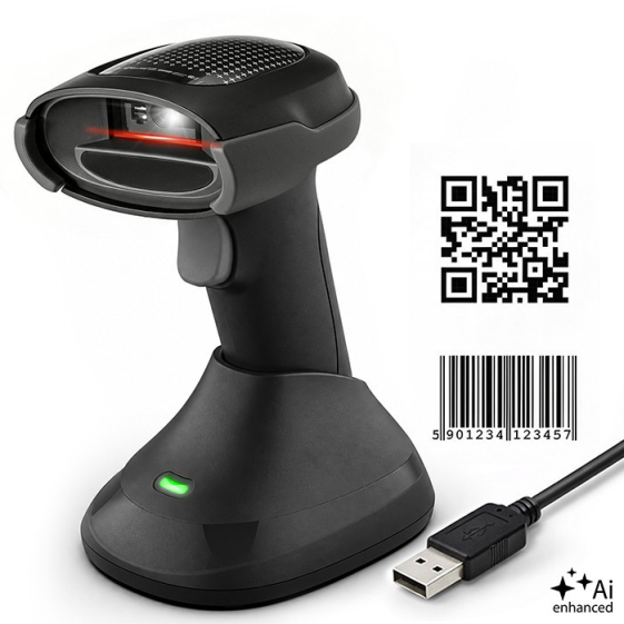 QOLTEC Bezprzewodowy czytnik kodów kreskowych 1D 2D + stacja ładowania |QR | EAN | USB  - 52753