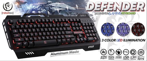 REBELTEC DEFENDER Aluminiowa multimedialna klawiatura dla graczy USB, podświetlana w 3 kolorach - RBLKLA00019