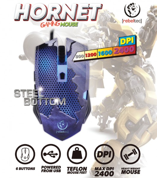 REBELTEC Gamingowa mysz optyczna, HORNET, 3 kolory podświetlania do 2400DPI - RBLMYS00037