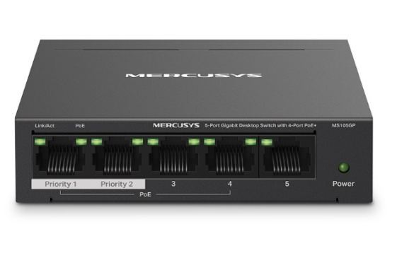 TP-LINK Przełącznik Mercusys 5-Port Gigabit Desktop Switch with 4-Port PoE+          PORT: 4× Gigabit PoE+ Ports, 1× Gigabit Non-PoE Port - MS105GP