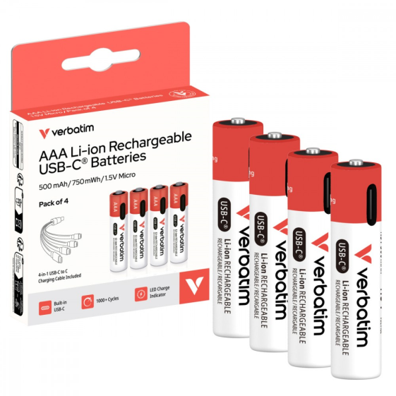VERBATIM Akumulatory AAA USB-C 500 mAh 750mWh 4 szt + kabel USB-C  - 30250