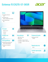 ACER Notebook Extensa 15 EX215-57-365R i3-1315U 15.6 FHD, 8GB DDR5,512GB SSD, NoOS, srebrny - NX.EJAEX.003 - Zdjęcie 9
