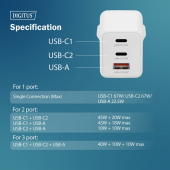 DIGITUS Ładowarka sieciowa/zasilacz USB GaN 67W, 2x USB-C, 1x USB-A, biała  - DA-10303 - Zdjęcie 4