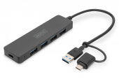 DIGITUS Hub USB 3.0/Koncentrator 4-portowy SlimLine USB A + adapter USB-C 5Gbps, złącze zasilania USB-C  - DA-70235 - Zdjęcie 1