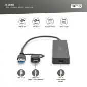 DIGITUS Hub USB 3.0/Koncentrator 4-portowy SlimLine USB A + adapter USB-C 5Gbps, złącze zasilania USB-C  - DA-70235 - Zdjęcie 2