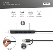 DIGITUS Hub USB 3.0/Koncentrator 4-portowy SlimLine USB A + adapter USB-C 5Gbps, złącze zasilania USB-C  - DA-70235 - Zdjęcie 3