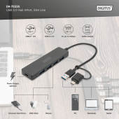 DIGITUS Hub USB 3.0/Koncentrator 4-portowy SlimLine USB A + adapter USB-C 5Gbps, złącze zasilania USB-C  - DA-70235 - Zdjęcie 4