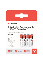 VERBATIM Akumulatory AAA USB-C 500 mAh 750mWh 4 szt + kabel USB-C  - 30250 - Zdjęcie 4
