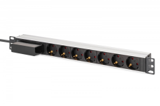DIGITUS Listwa zasilająca PDU Rack 19" z wyłącznikiem nadprądowym Typ C 16A, 7 gniazd Schuko CEE 7/3 (45°), kabel 1,8m wtyk Unischuko CEE 7/7, 16A, aluminiowa