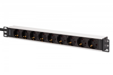 DIGITUS Listwa zasilająca PDU Rack 19", 9 gniazd Schuko CEE 7/3 (45°), kabel 2m wtyk IEC C20, 16A, aluminiowa